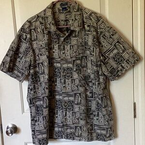 Falls Creek men tropical themed shirt XL good condish 100% cotton black & beige